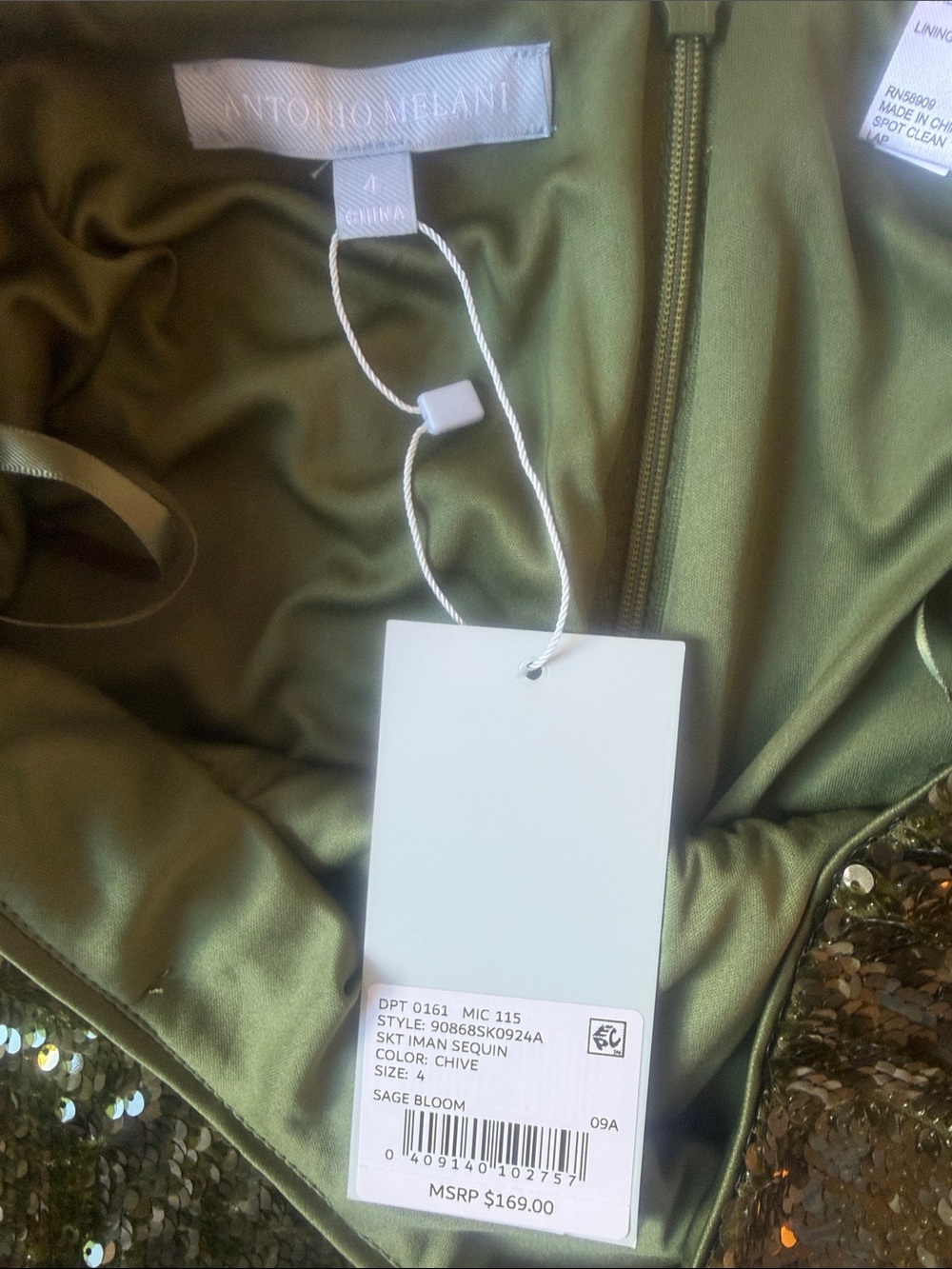 ANTONIO MELANI Olive Green Iman Sequin Midi Skirt in Chive Size 4 - Picture 4 of 9